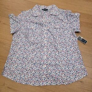 NWT Karen Scott V-neck Button Down Blouse Womens Size 0X White Blue Red Floral